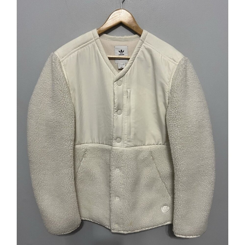 Adidas Wings & Horn Off White Sherpa Jacket Coat Men Size L Button Down Front